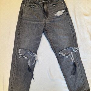 American Eagle Charcoal Denim Mom Jeans Distressed Ripped Knees